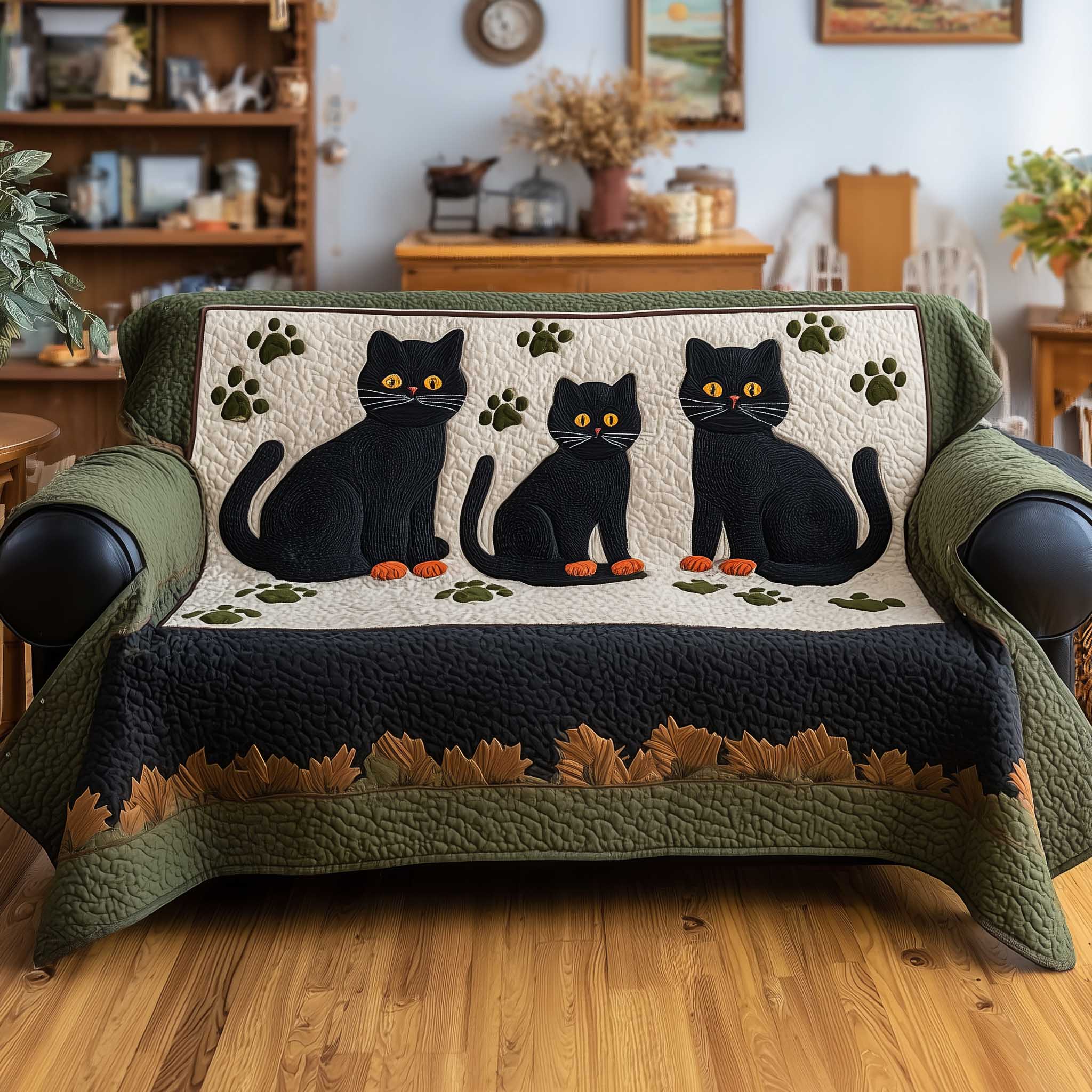 Black Cat Quilted Sofa Cover Witch's Familiar Feline Kitten Christmas Presents
