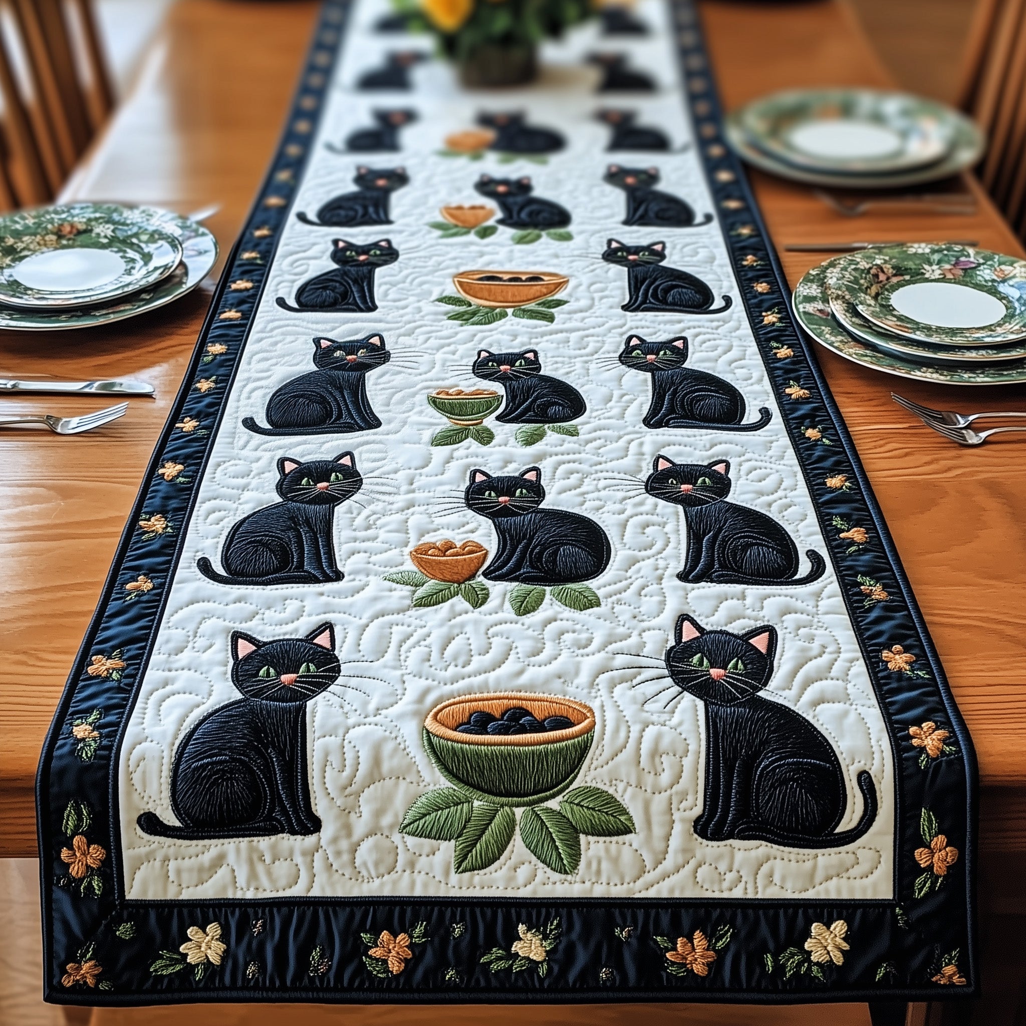 Black Cat Quilted Table Runner Christmas Table Runner for Dining Room