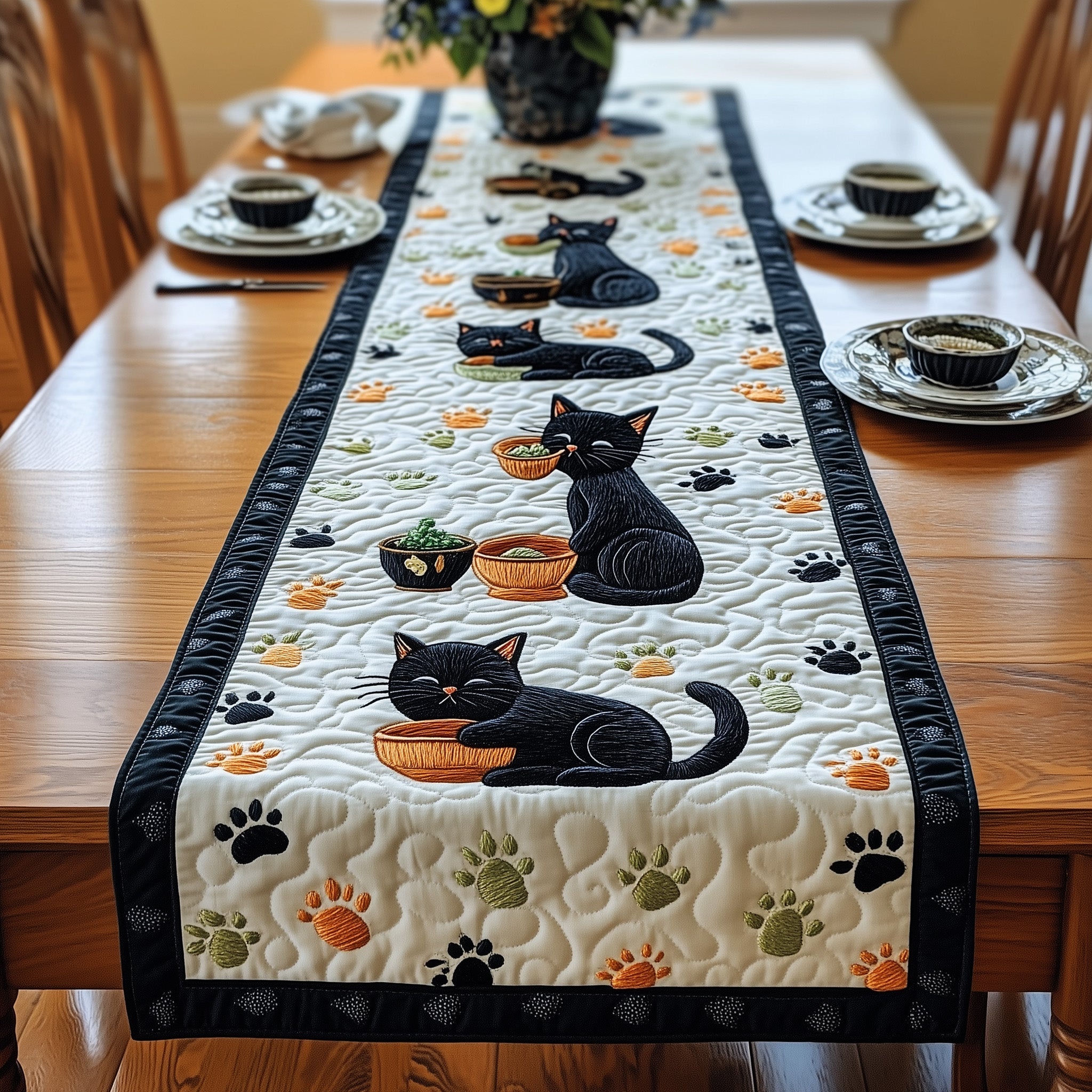 Black Cat Quilted Table Runner Christmas Theme Table Runner