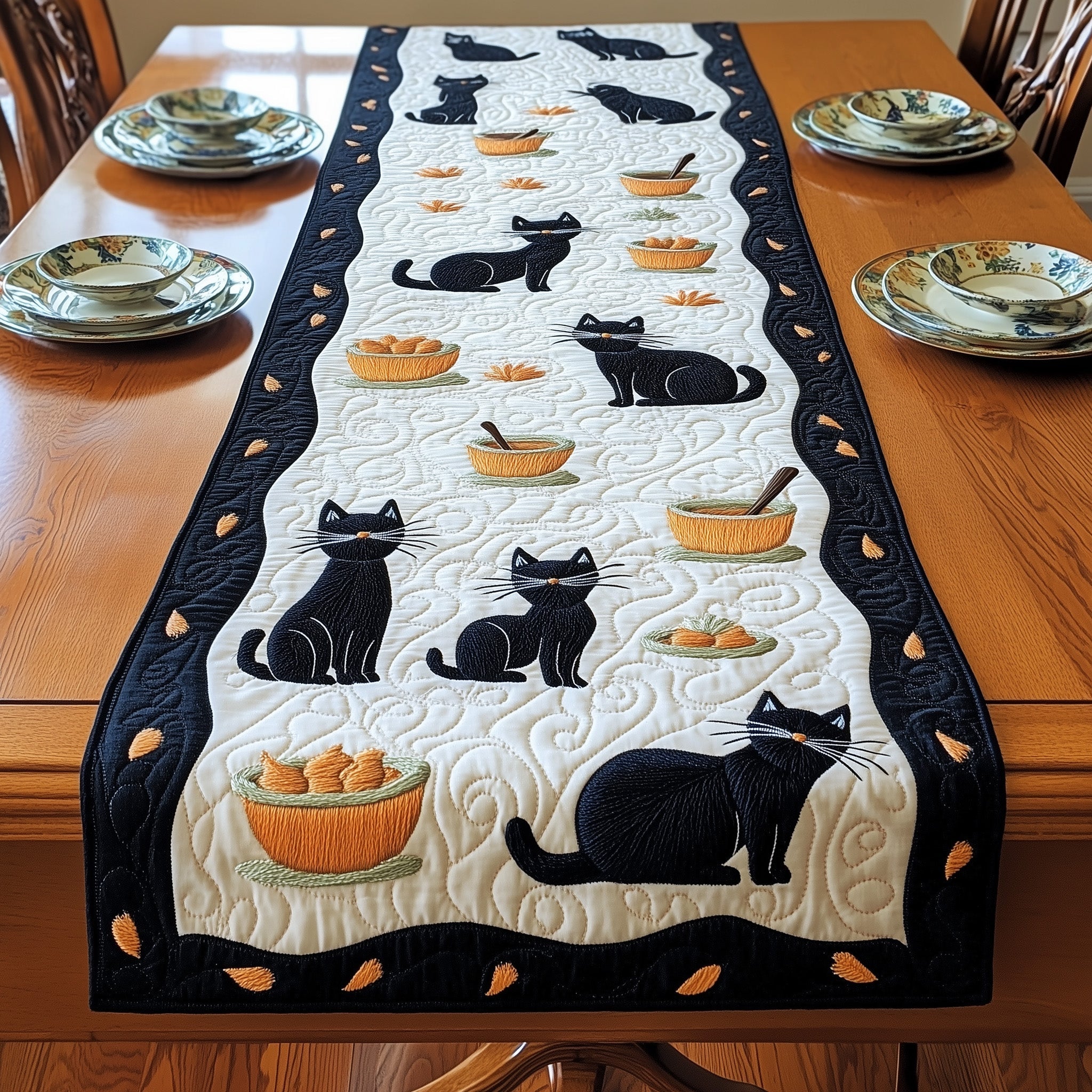 Black Cat Quilted Table Runner Holiday Table Runner Decoration