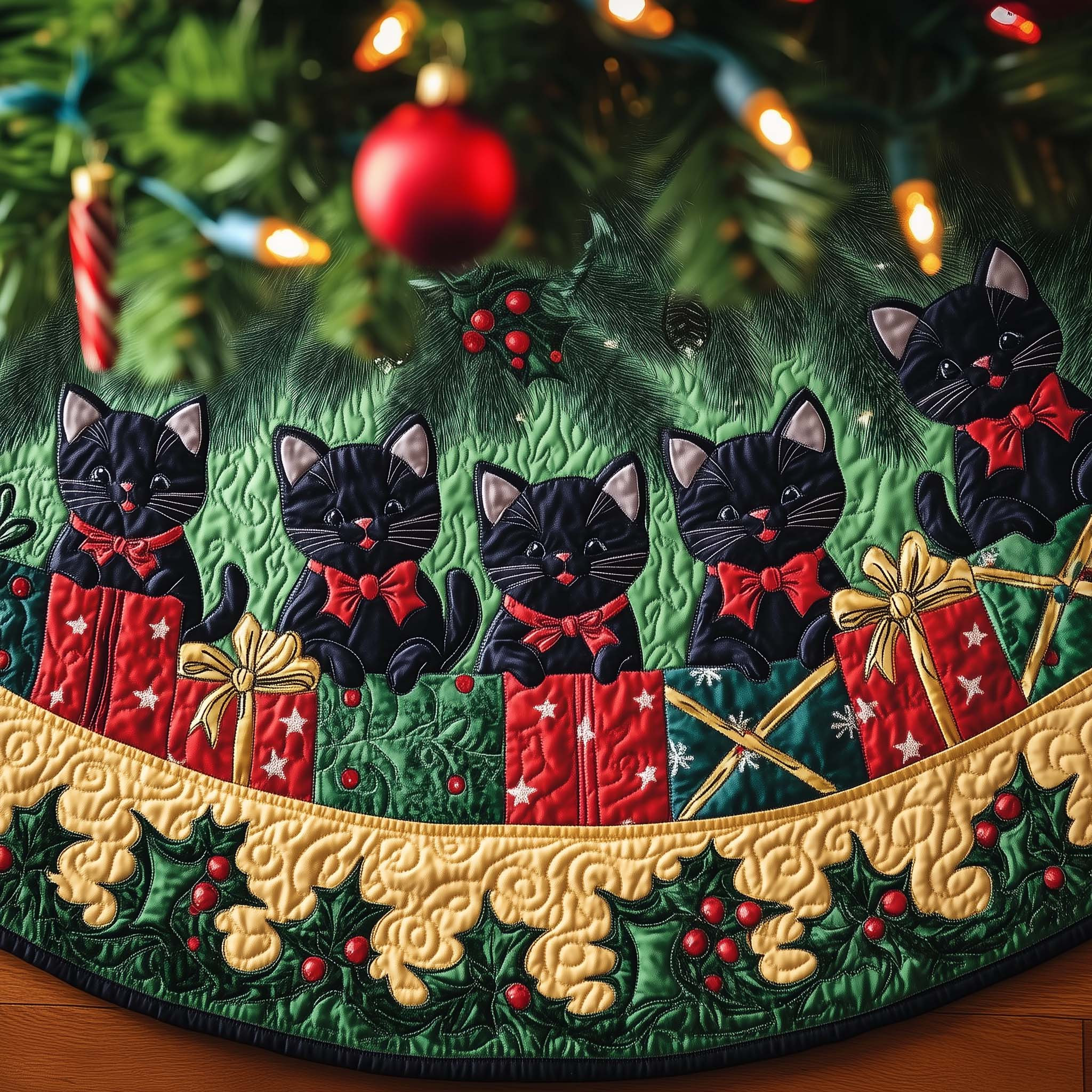 Black Cat Quilted Tree Skirt Animal Themed Christmas Home Decor Unique Xmas Presents