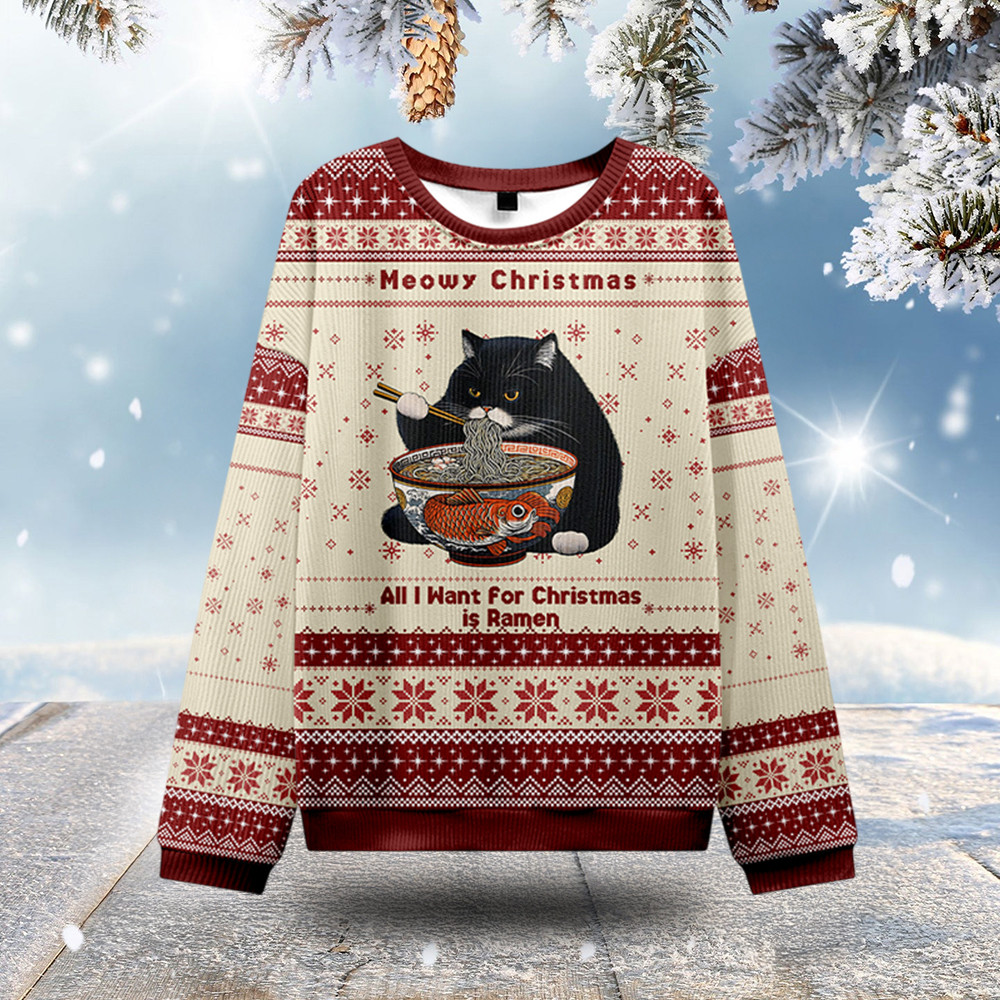 Black Cat Ramen Ugly Christmas Sweater Meowy Christmas Animal Themed Christmas Gifts