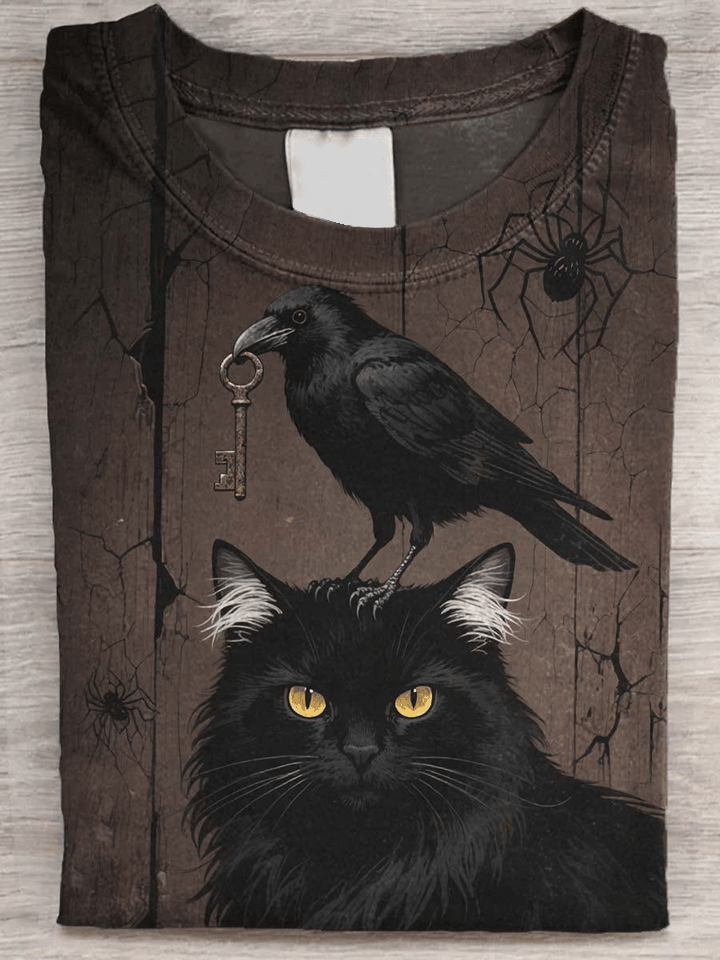 Black Cat Raven And Spider T-Shirt Raven Holding Key Halloween Gift Ideas For Adults