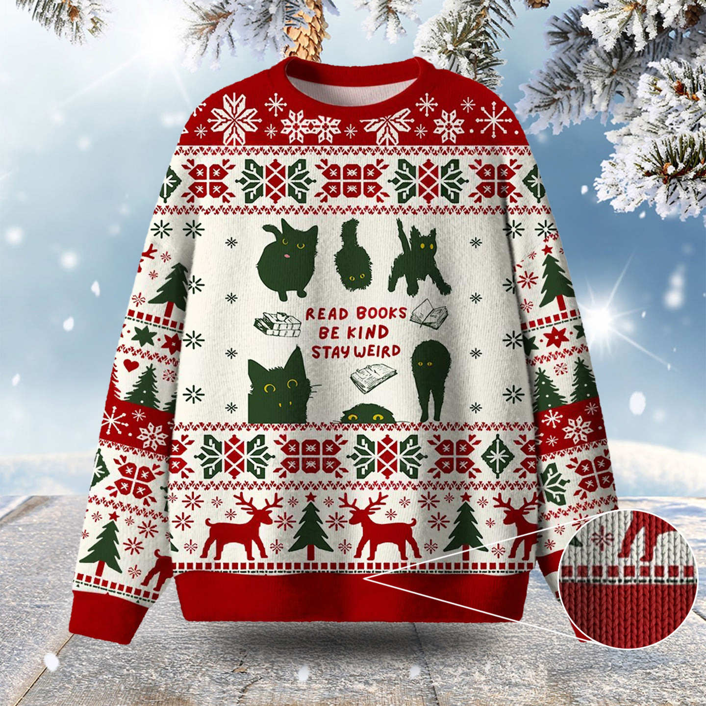 Black Cat Read Books Be Kind Stay Weird Ugly Christmas Sweater Xmas Presents For Cat Owners