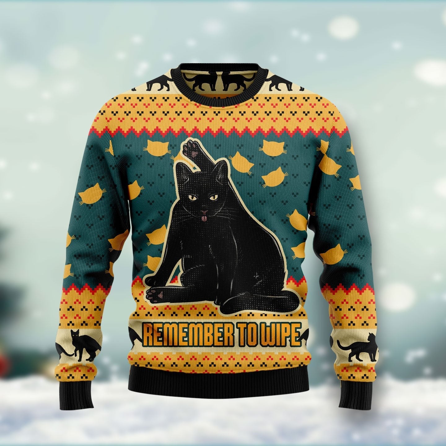 Black Cat Remember To Wipe Ugly Christmas Sweater Funny Xmas Jumper Gifts For Cat Lovers