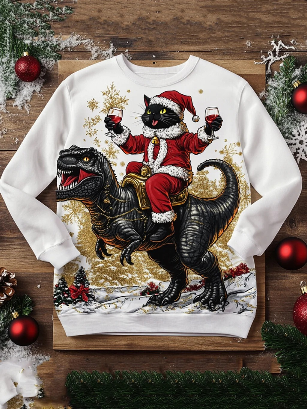 Black Cat Riding Dinosaur Holding Wine Christmas Holiday Sweatshirt Xmas Gifts For Cat Lovers