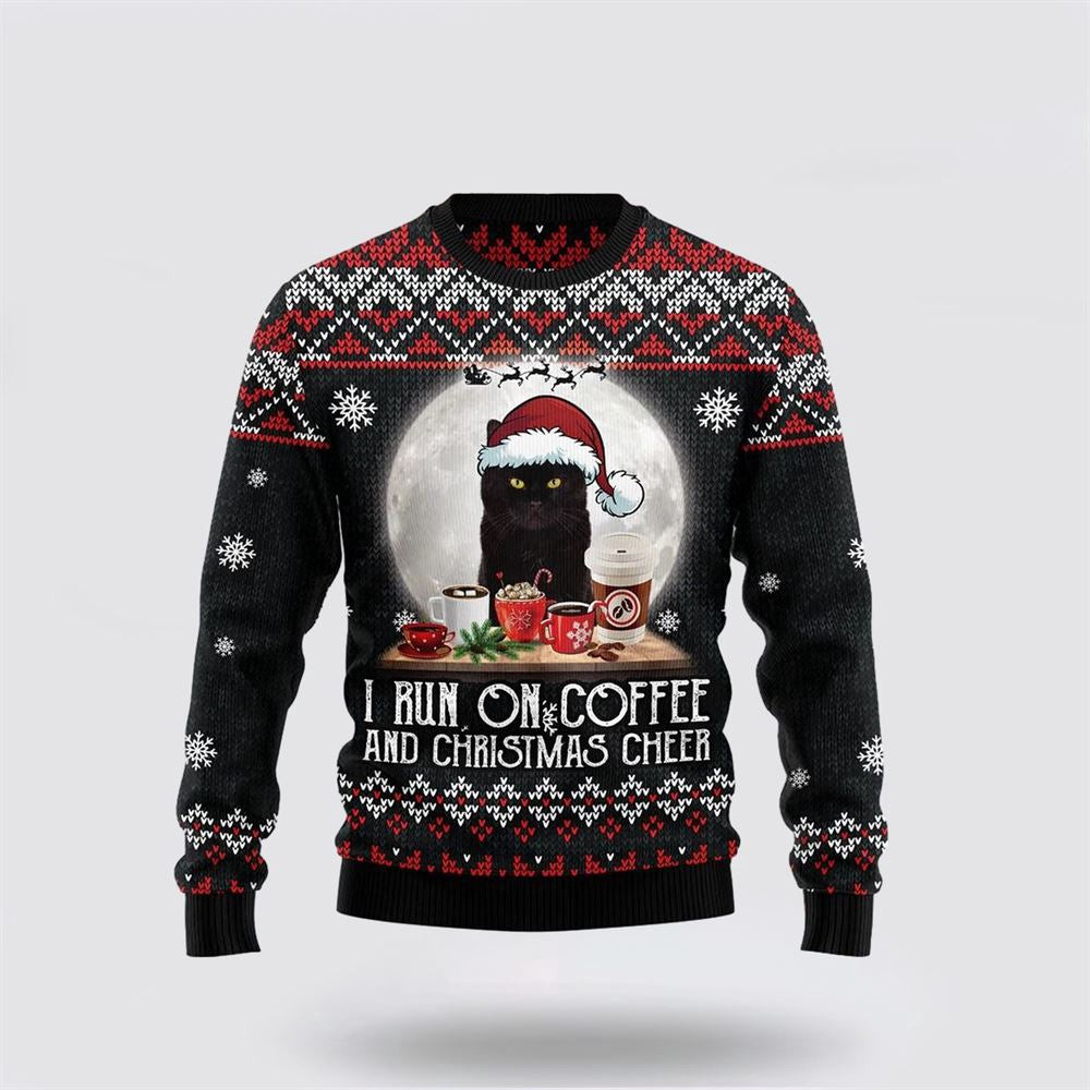 Black Cat Run On Coffee Ugly Christmas Sweater Unisex Funny Christmas Sweater