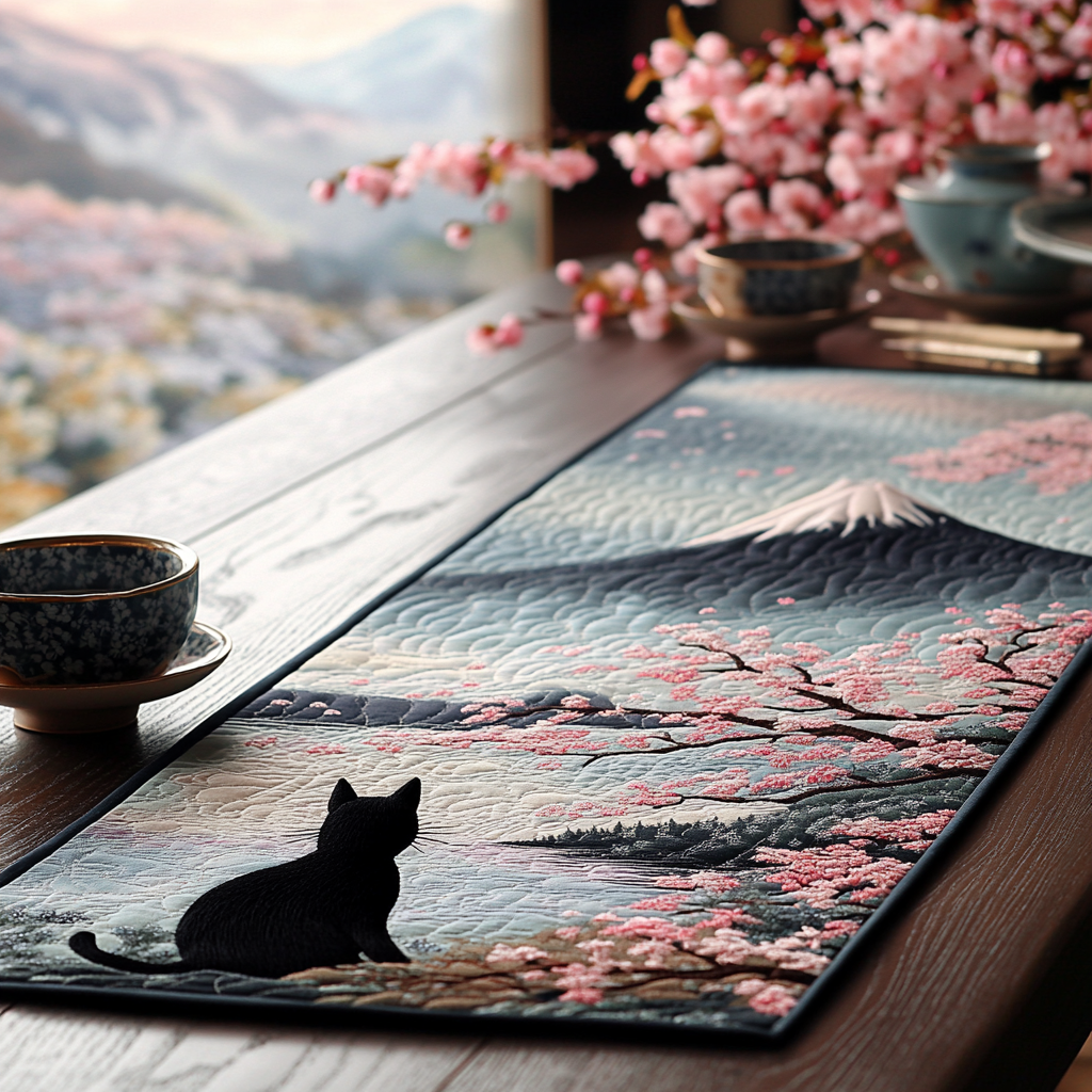 Black Cat Sakura Quilted Table Runner Kitchen Table Decor Ideas Black Cat Merchandise Gifts