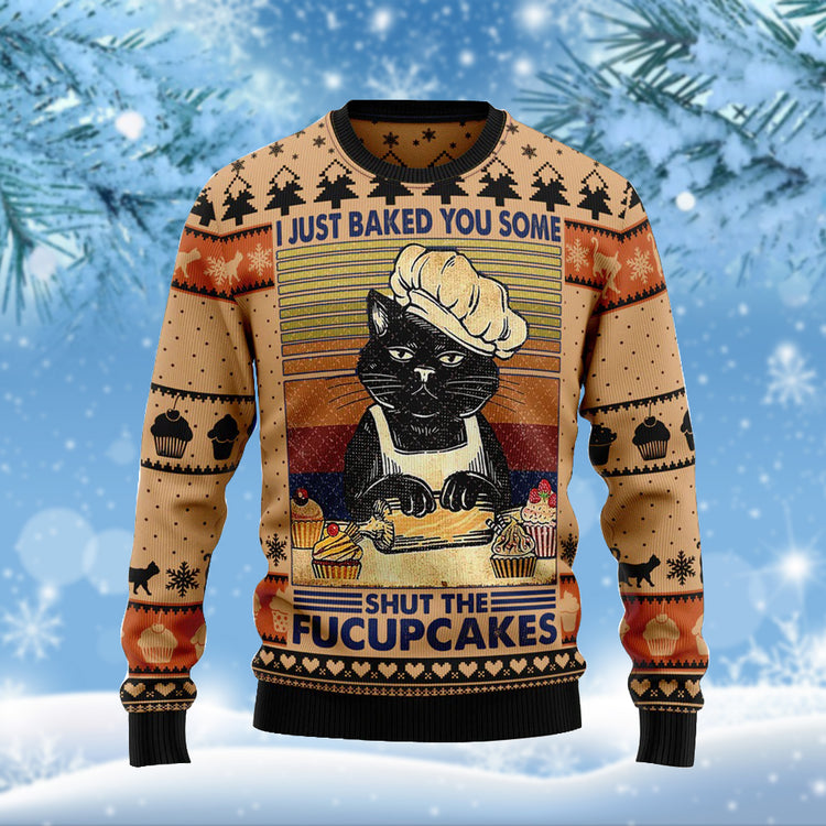 Black Cat Shut The Fucupcakes Ugly Christmas Sweater Funny Xmas Holiday Cat Lovers Gifts