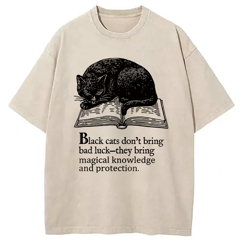 Black Cat Sleeping On A Book Washed T-Shirt Cool Urban Street Style Shirt Gifts For Brother