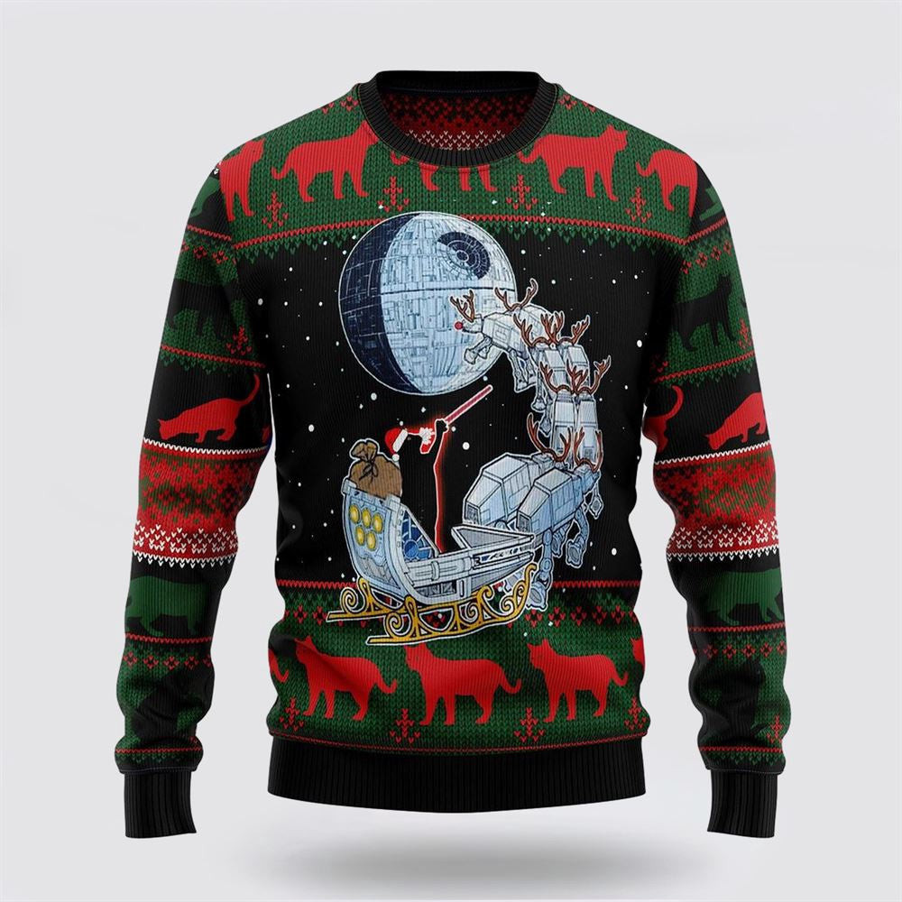 Black Cat Sleigh To Death Star Ugly Christmas Sweater Unisex Funny Christmas Sweater