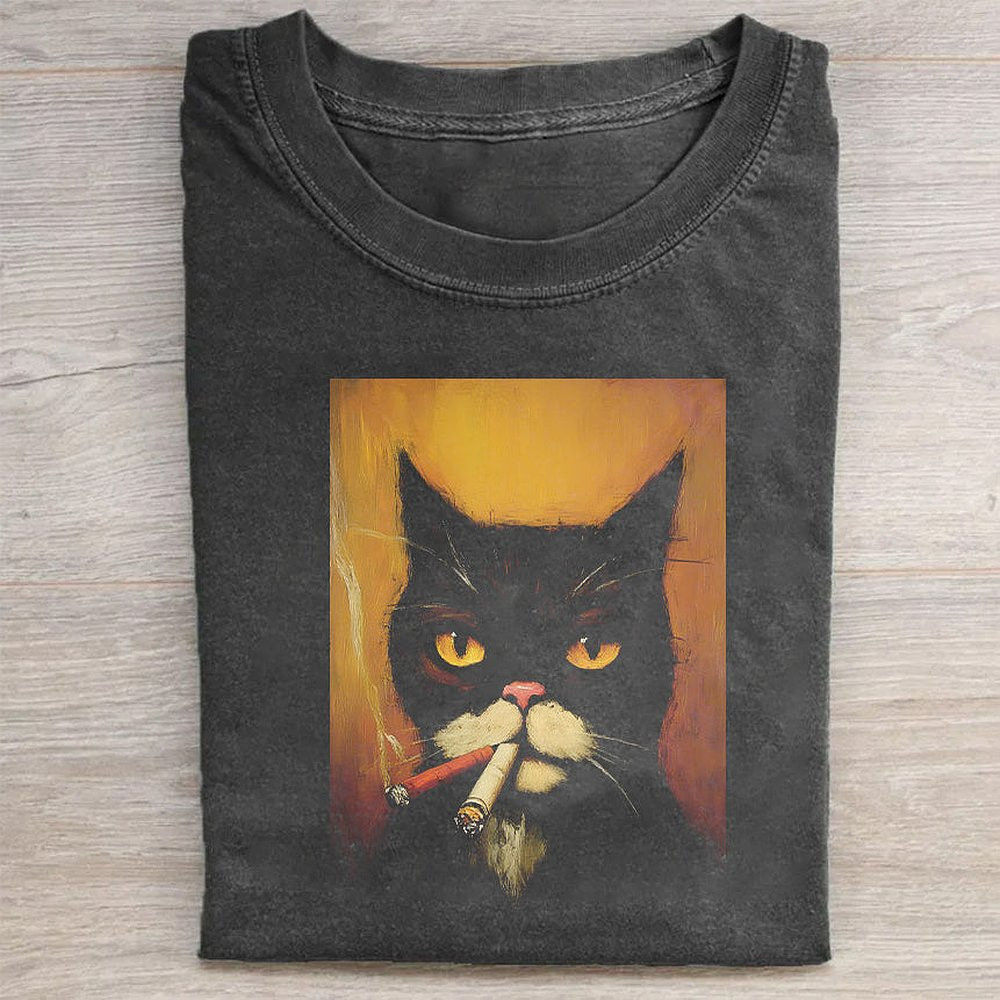 Black Cat Smoking Cigarette Graphic T-Shirt Edgy Cool Cat Lover Tee For Men