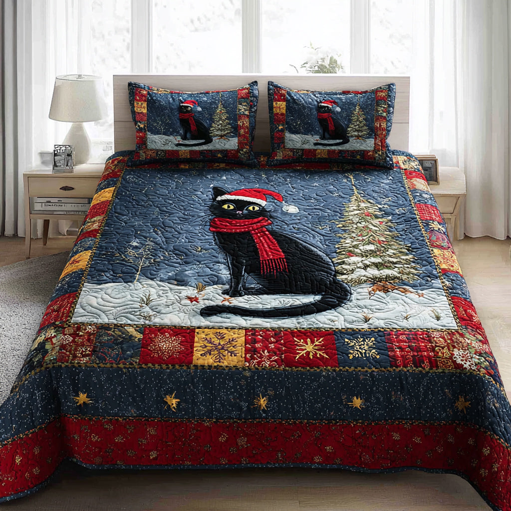 Black Cat Snowfall Quilted Bedding Set Christmas Bedding Duvet Cover Black Cat Gift Items