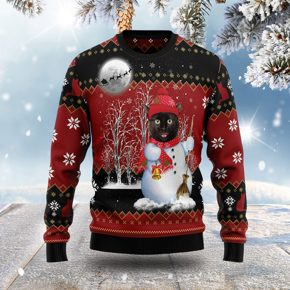Black Cat Snowman Ugly Christmas Sweater Cat Themed Christmas Presents For Cat Lovers