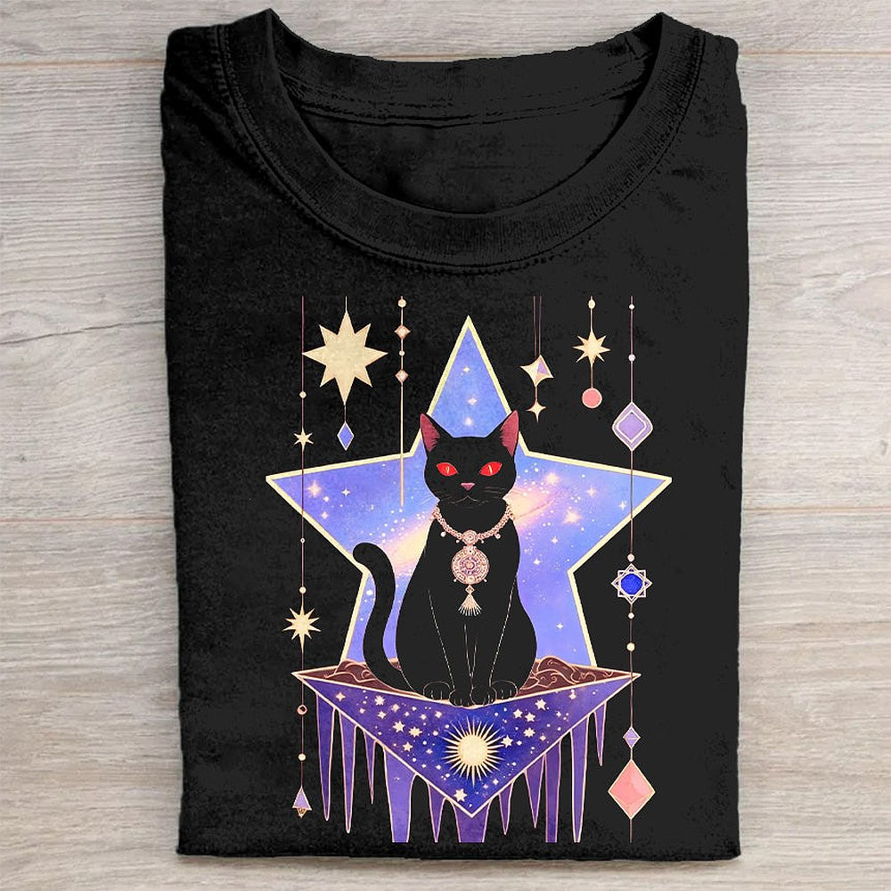 Black Cat Star Print T-Shirt Celestial Night Sky Cat Lover Tee For Women