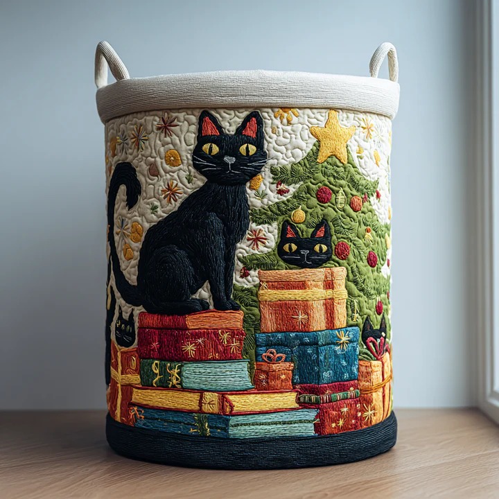 Black Cat Star Quilted Laundry Basket Celestial Night Sky Boho Home Decor Best Gift For Cat Lovers