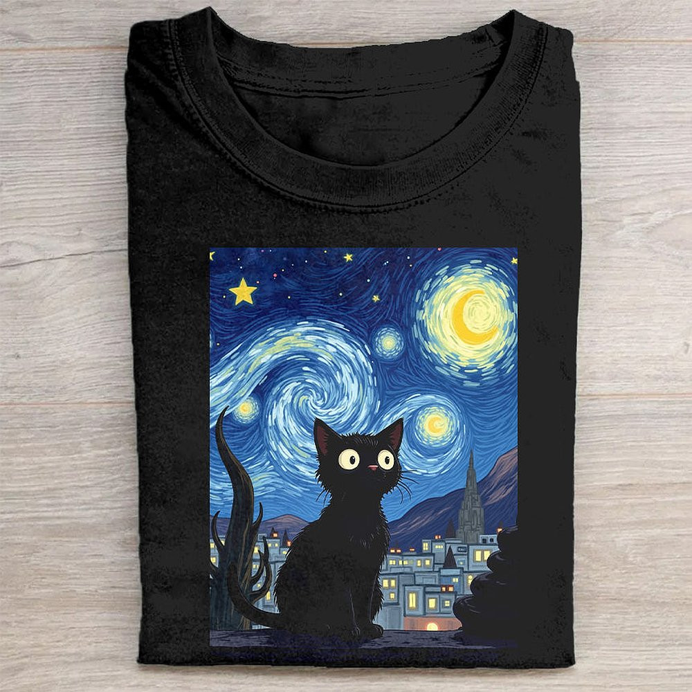 Black Cat Starry Night Graphic T-Shirt Cat Lover Art Tee