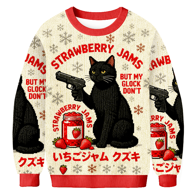 Black Cat Strawberry Jams Christmas Ugly Sweater Winter Apparel Christmas Gifts For Meme Lovers