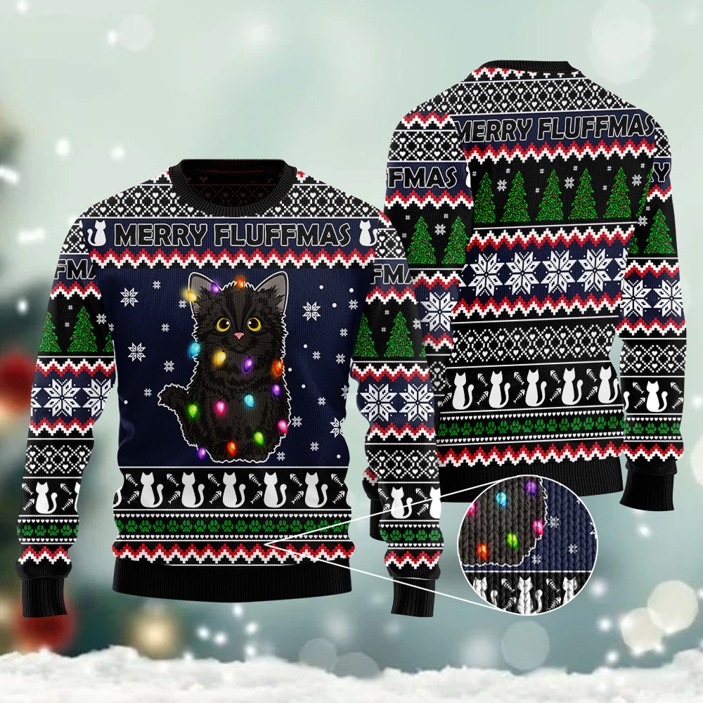 Black Cat String Lights And Pine Tree Ugly Christmas Sweater Cute Clothes Black Cat Gifts