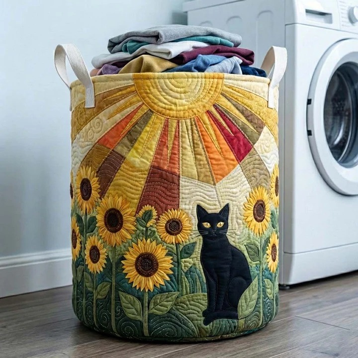 Black Cat Sunflower Field Quilted Laundry Basket Boho Home Decor Best Gift For Cat And Nature Lovers