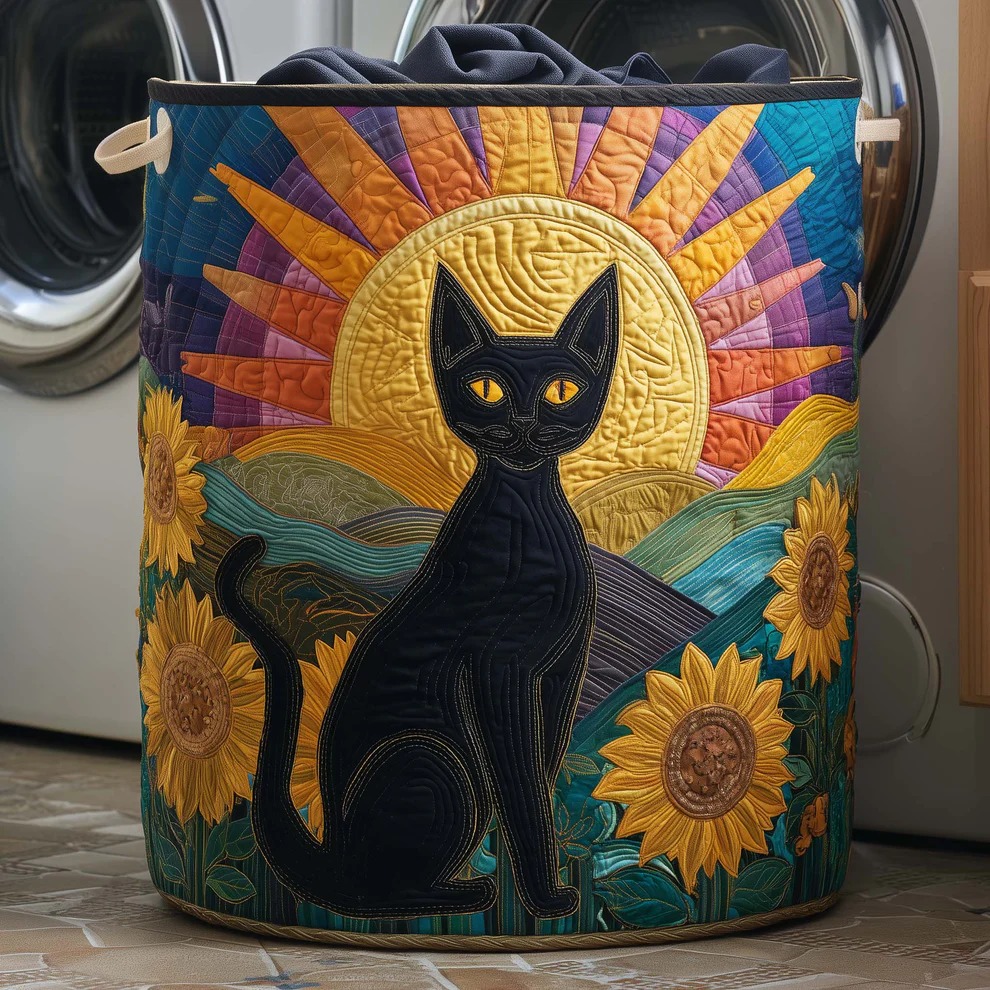 Black Cat Sunflower Sunrise Quilted Laundry Basket Boho Home Decor Best Gift For Cat And Art Lovers
