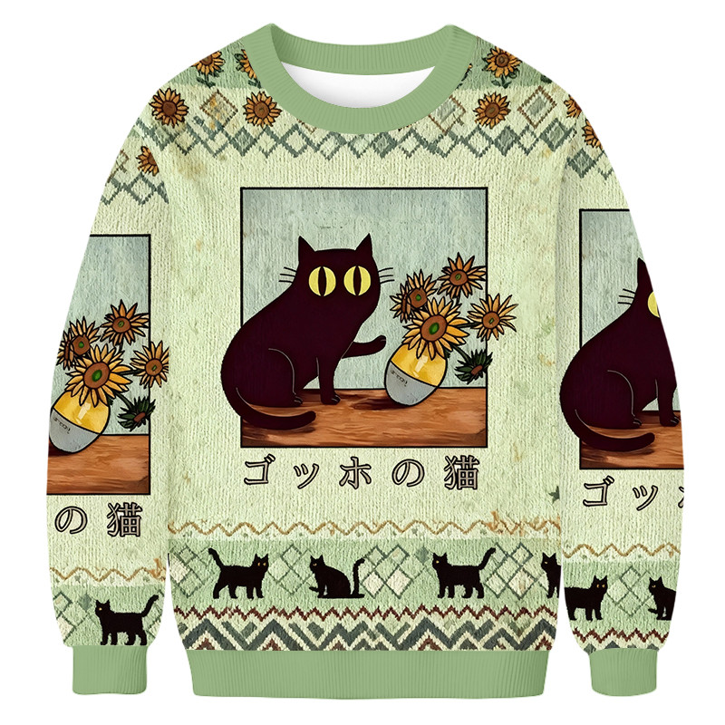 Black Cat Sunflower Ugly Sweater Japanese Art Animal Themed Clothing Gifts For Cat Owners