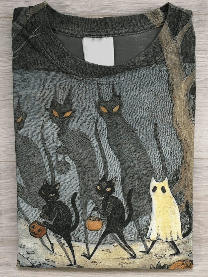 Black Cat T-Shirt Ghost Cat Holding Pumpkin Funny Shirt Halloween Gift Ideas For Men