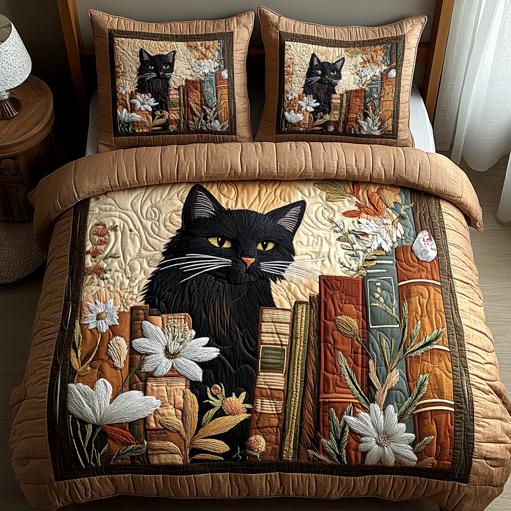 Black Cat Tales Quilted Bedding Set Bed Decor Ideas Cool Gifts For Readers