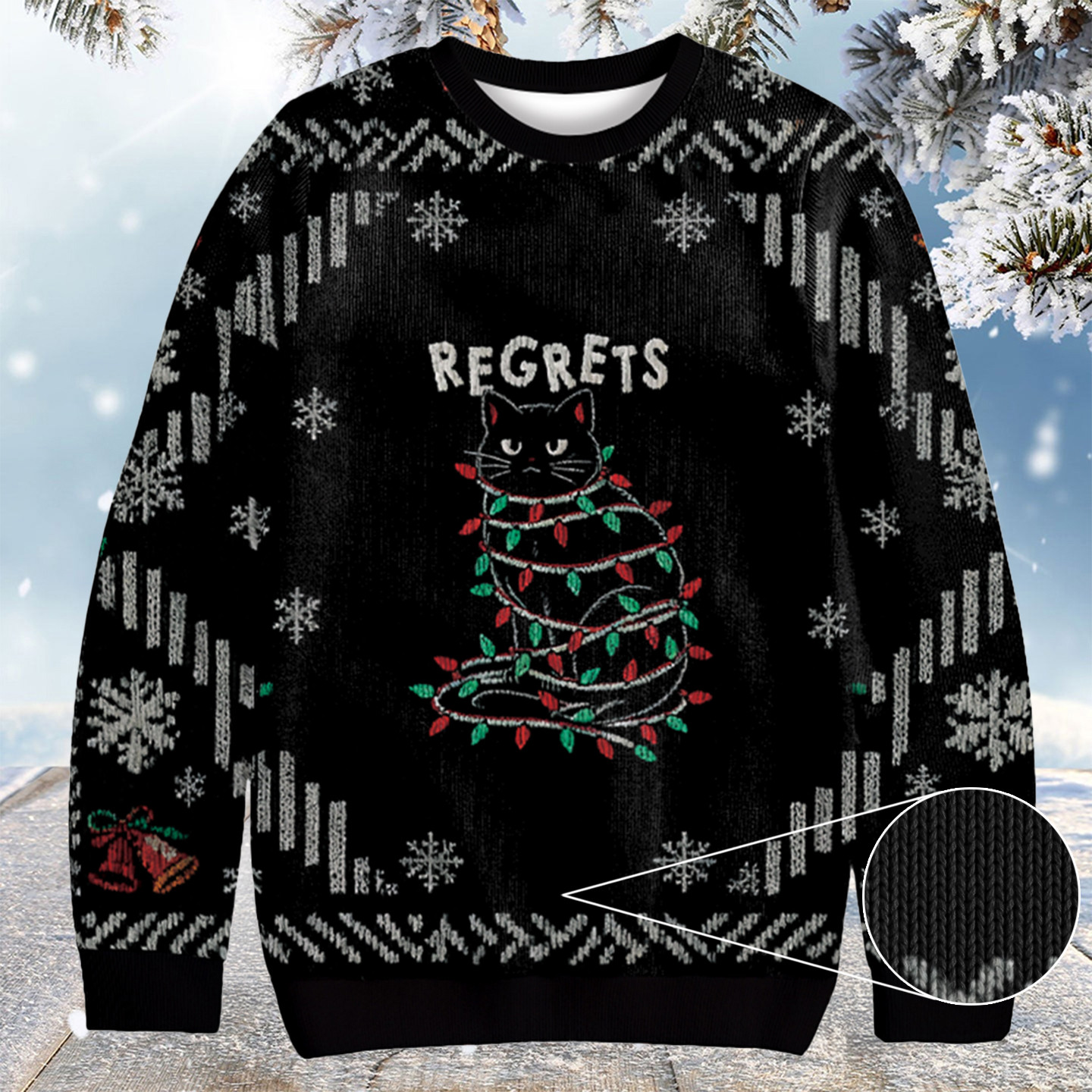 Black Cat Tangled Up On Christmas Lights Christmas Ugly Sweater Best Cat Gifts