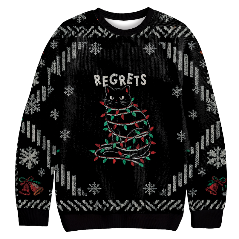 Black Cat Tangled Up on Christmas Lights Christmas Ugly Sweatshirt Holiday Lounge Wear Top Gift Ideas