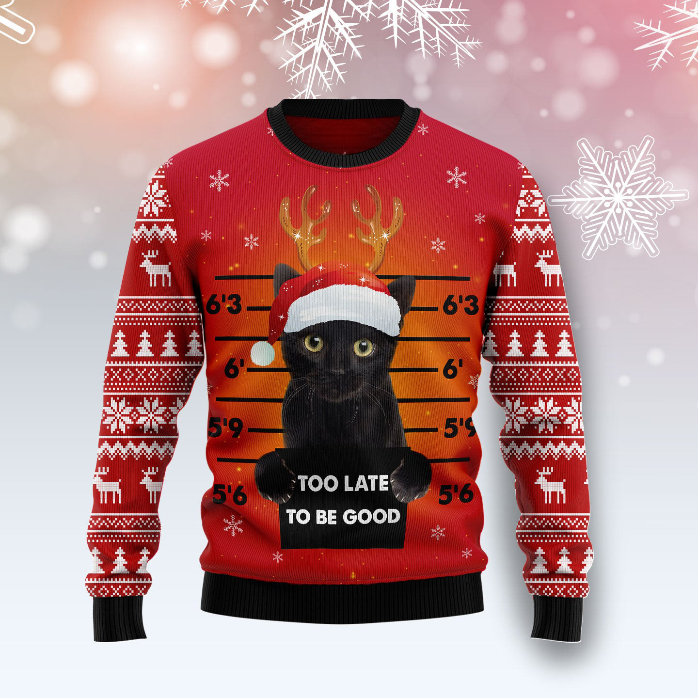 Black Cat Too Late To Be Good Ugly Christmas Sweater Xmas Apparel Cat Christmas Gifts