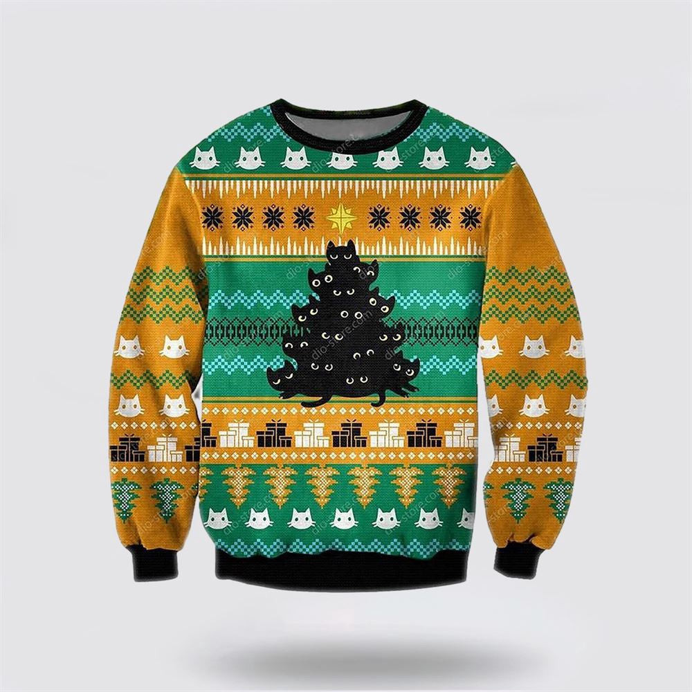 Black Cat Tree Meowy Ugly Christmas Orange Sweater Unisex Funny Christmas Sweater