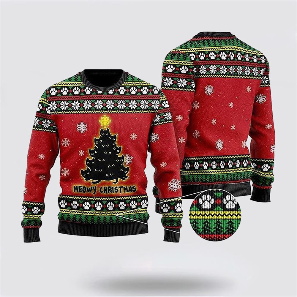 Black Cat Tree Meowy Ugly Christmas Red Sweater Unisex Funny Christmas Sweater