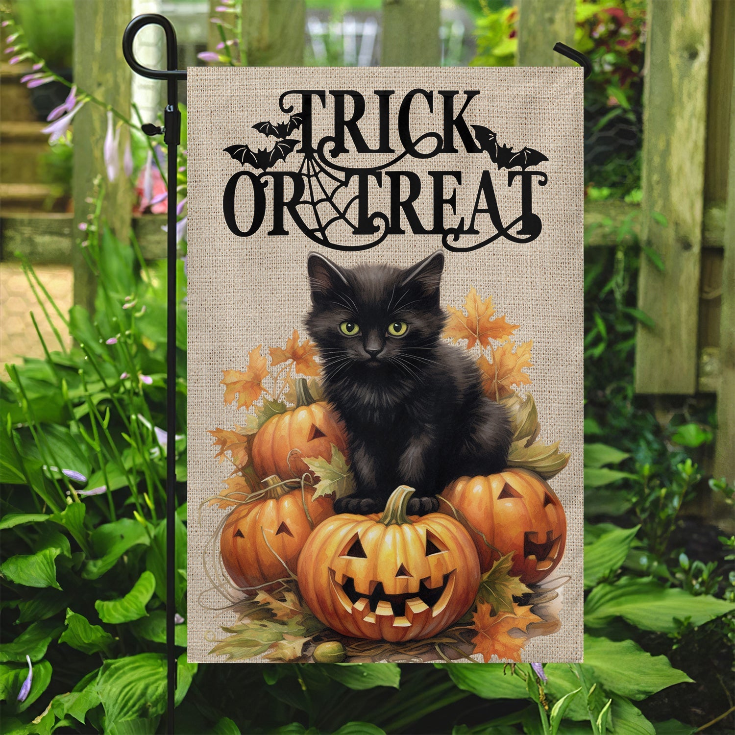 Black Cat Trick Or Treat Flag Pumpkin Vibes Halloween Decor Gifts For Cat Lovers