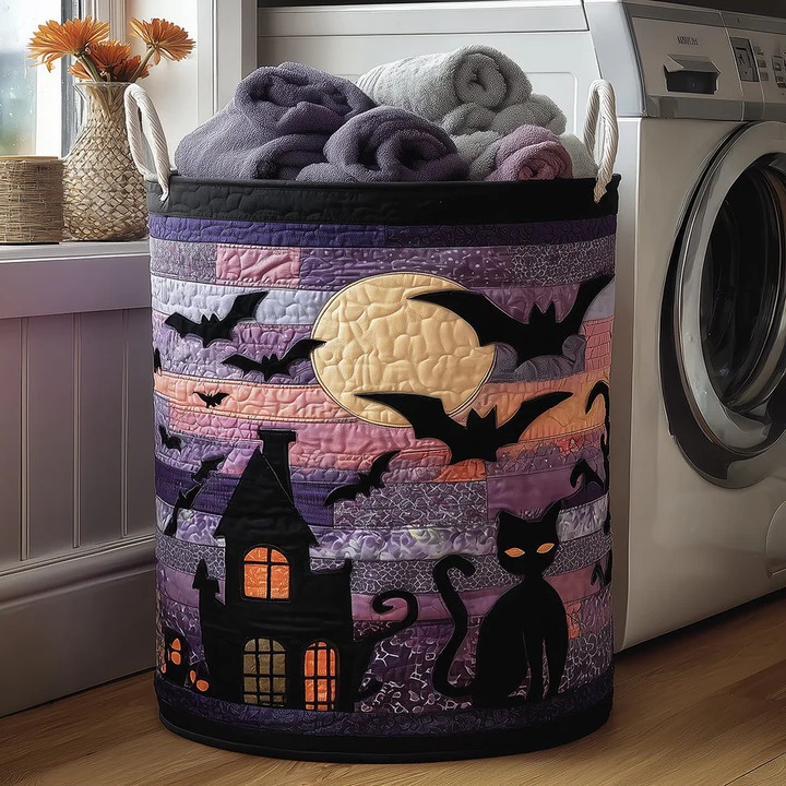 Black Cat Twilight Quilted Laundry Basket Moon Night Boho Home Storage Best Gift For Cat Lovers