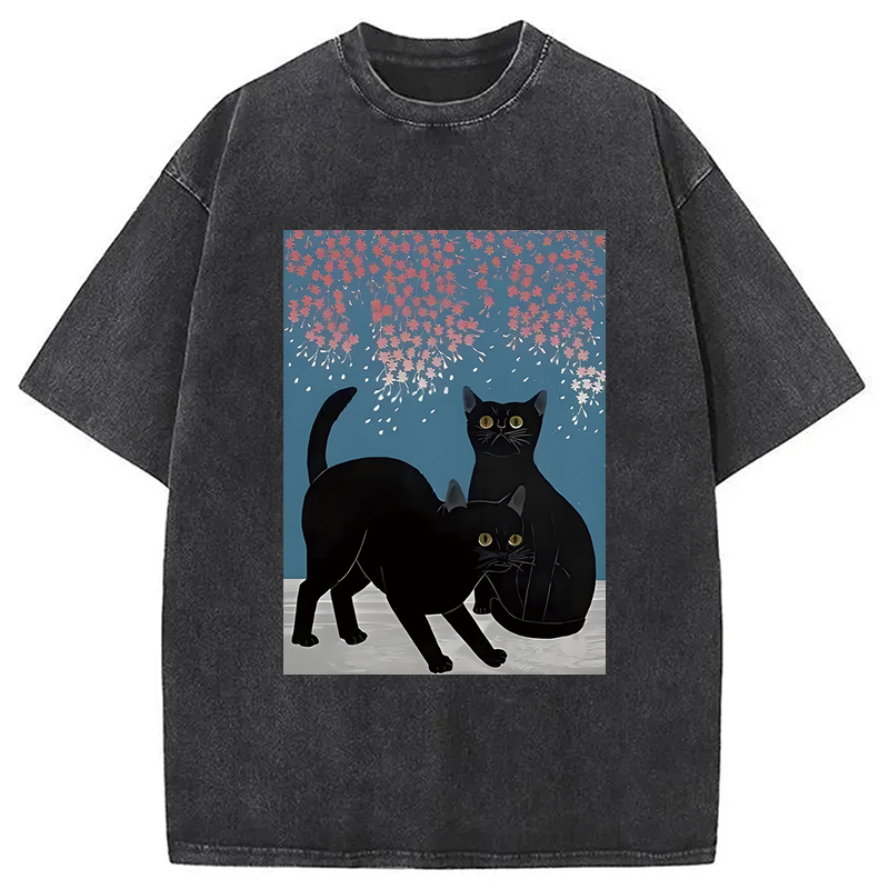Black Cat Under The Sakura Washed T-Shirt Cool Graphic Tee For Men Women Gifts For Friends Black Cat Under The Sakura Washed T-Shirt Cool Graphic Tee For Men Women Gifts For Friends