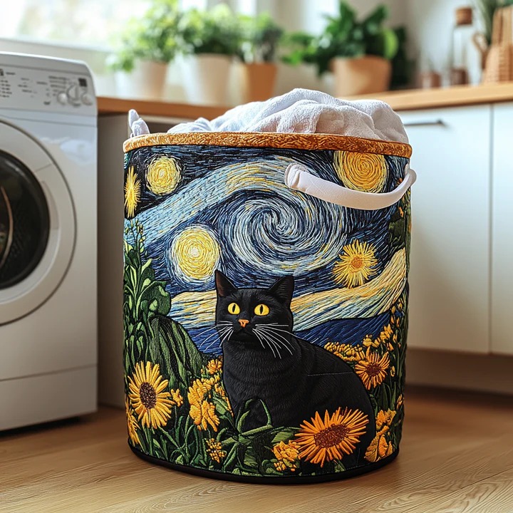 Black Cat Van Gogh Quilted Laundry Basket Floral Cat Storage Bin Best Gift For Cat Moms