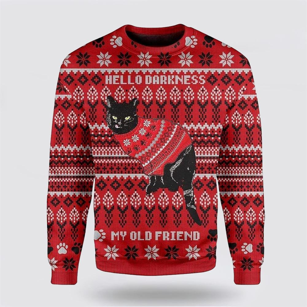 Black Cat Wear Red Sweater Christmas Ugly Christmas Sweater Unisex Funny Christmas Sweater