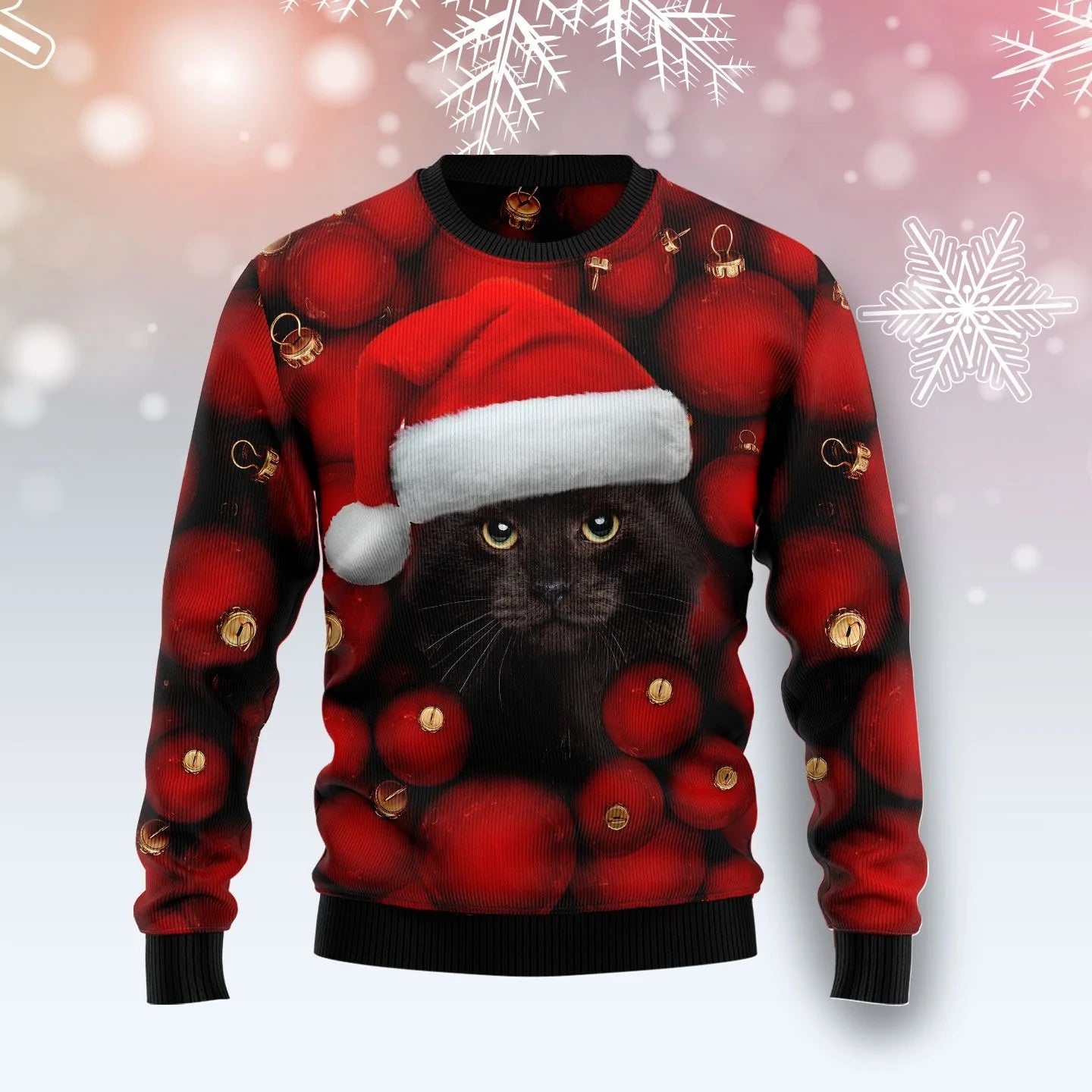 Black Cat Wearing Santa's Hat And Ornament Ugly Christmas Sweater Cute Clothing Black Cat Gift