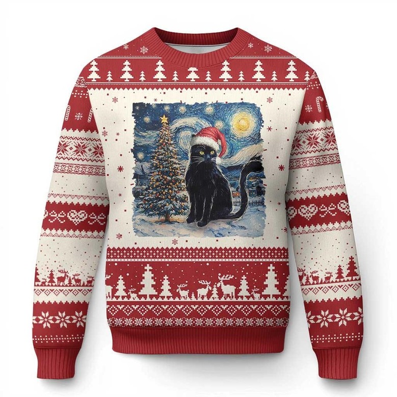 Black Cat Wearing Santa's Hat Ugly Christmas Sweater Starry Night Jumper Black Cat Gift Shop