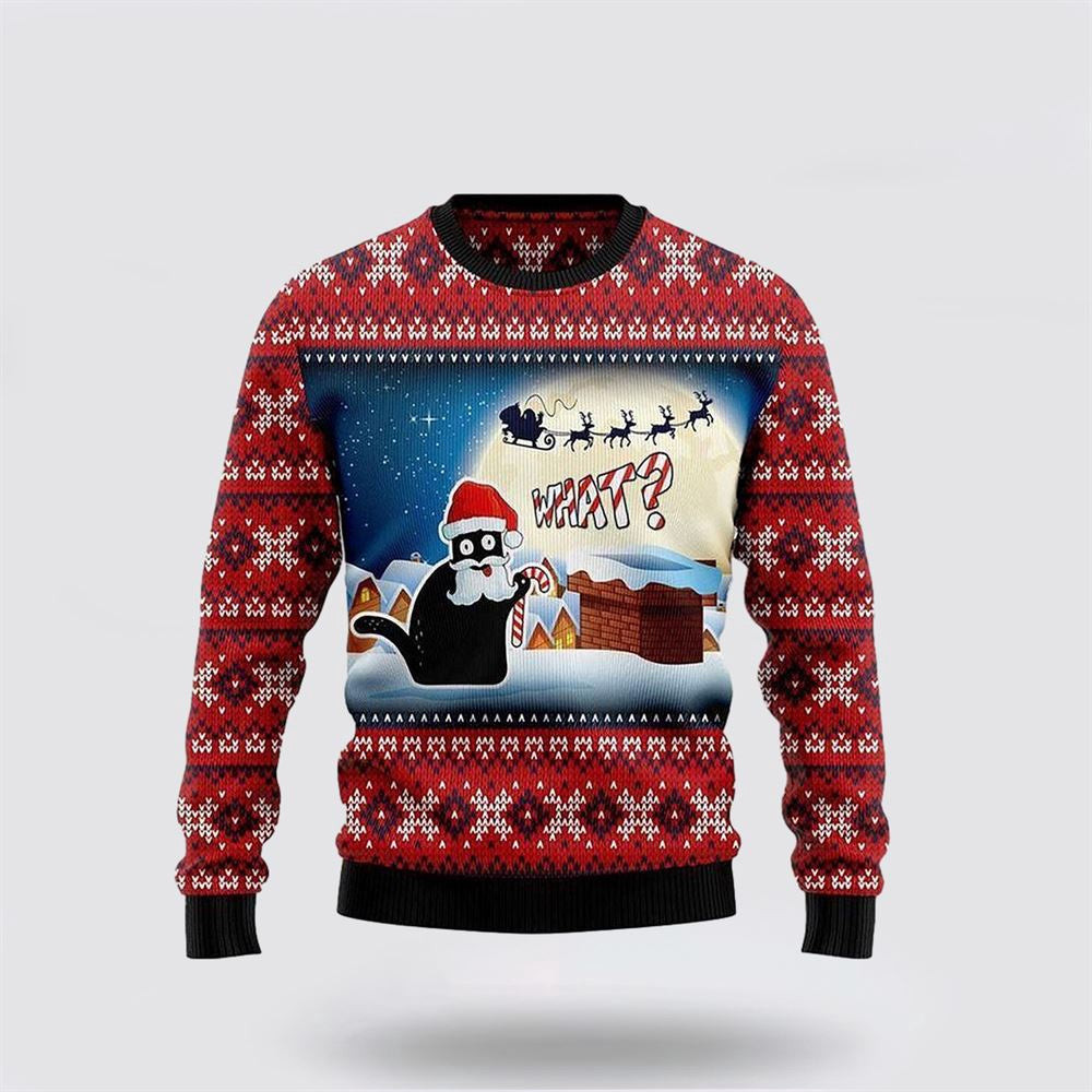 Black Cat What Chimney Ugly Christmas Sweater Unisex Funny Christmas Sweater