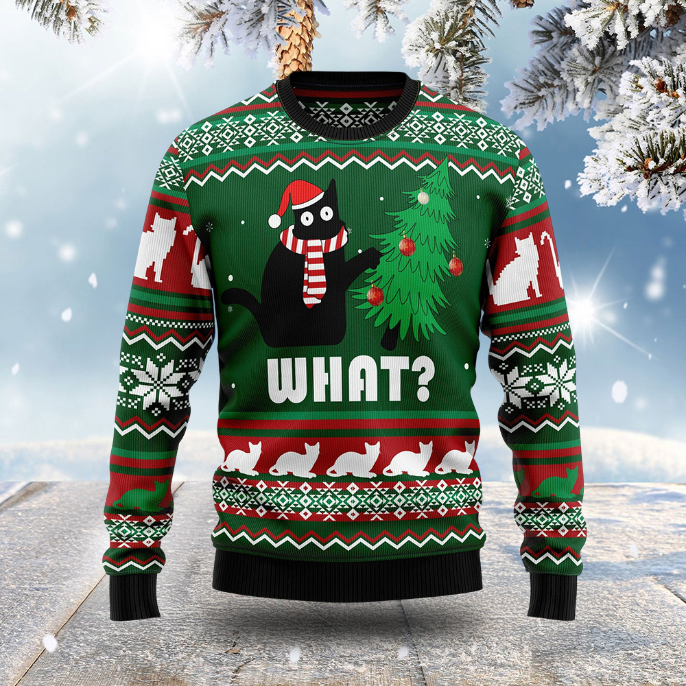 Black Cat What Ugly Christmas Sweater Holiday Clothing Cat Gifts For Xmas