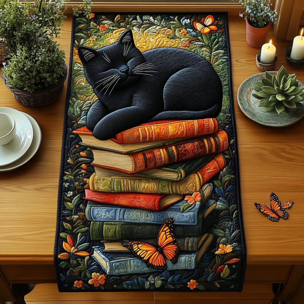 Black Cat Whisper Quilted Table Runner Dining Room Centerpieces Black Cat Themed Gifts