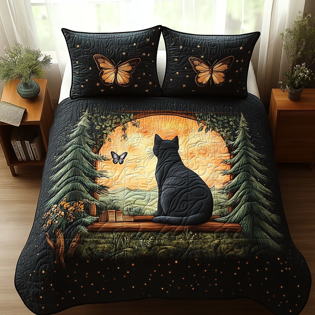 Black Cat Window Quilted Bedding Set Cute Room Decor Cat Gifts For Xmas