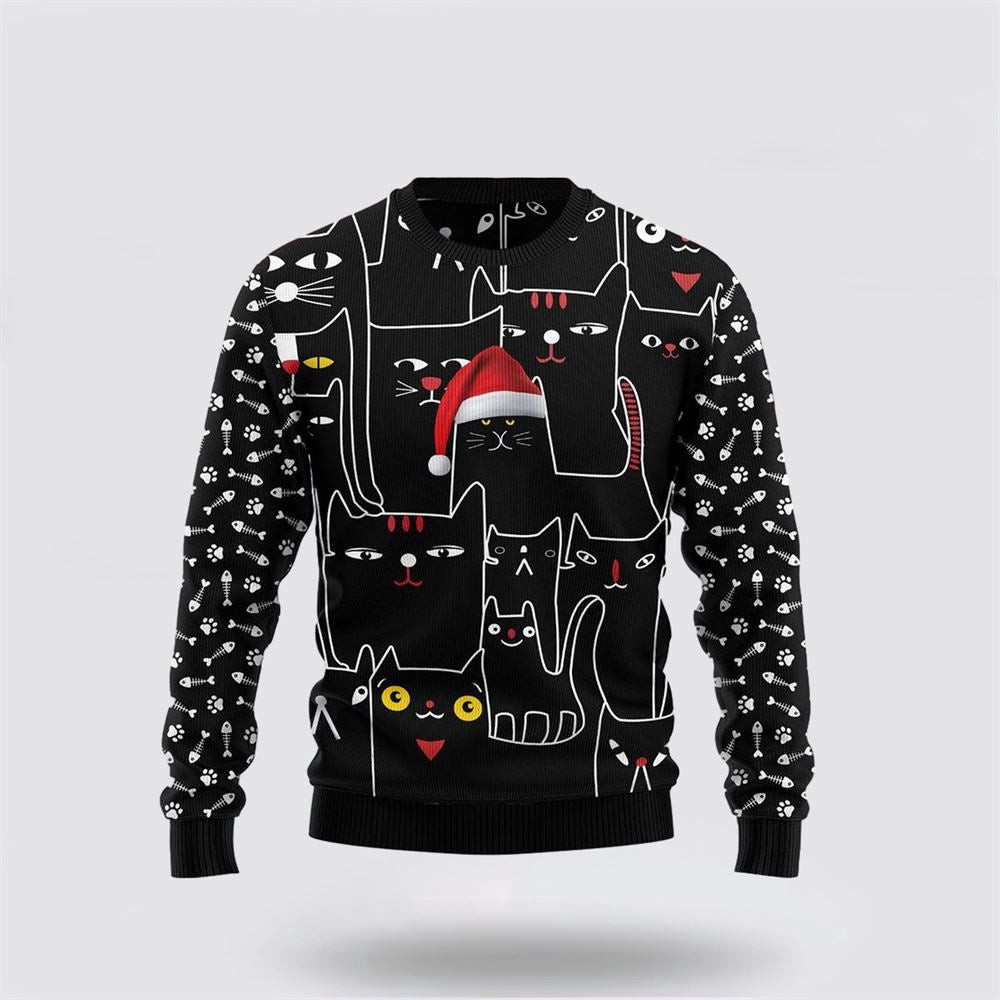 Black Cat With Noel Hat Ugly Christmas Sweater Unisex Funny Christmas Sweater