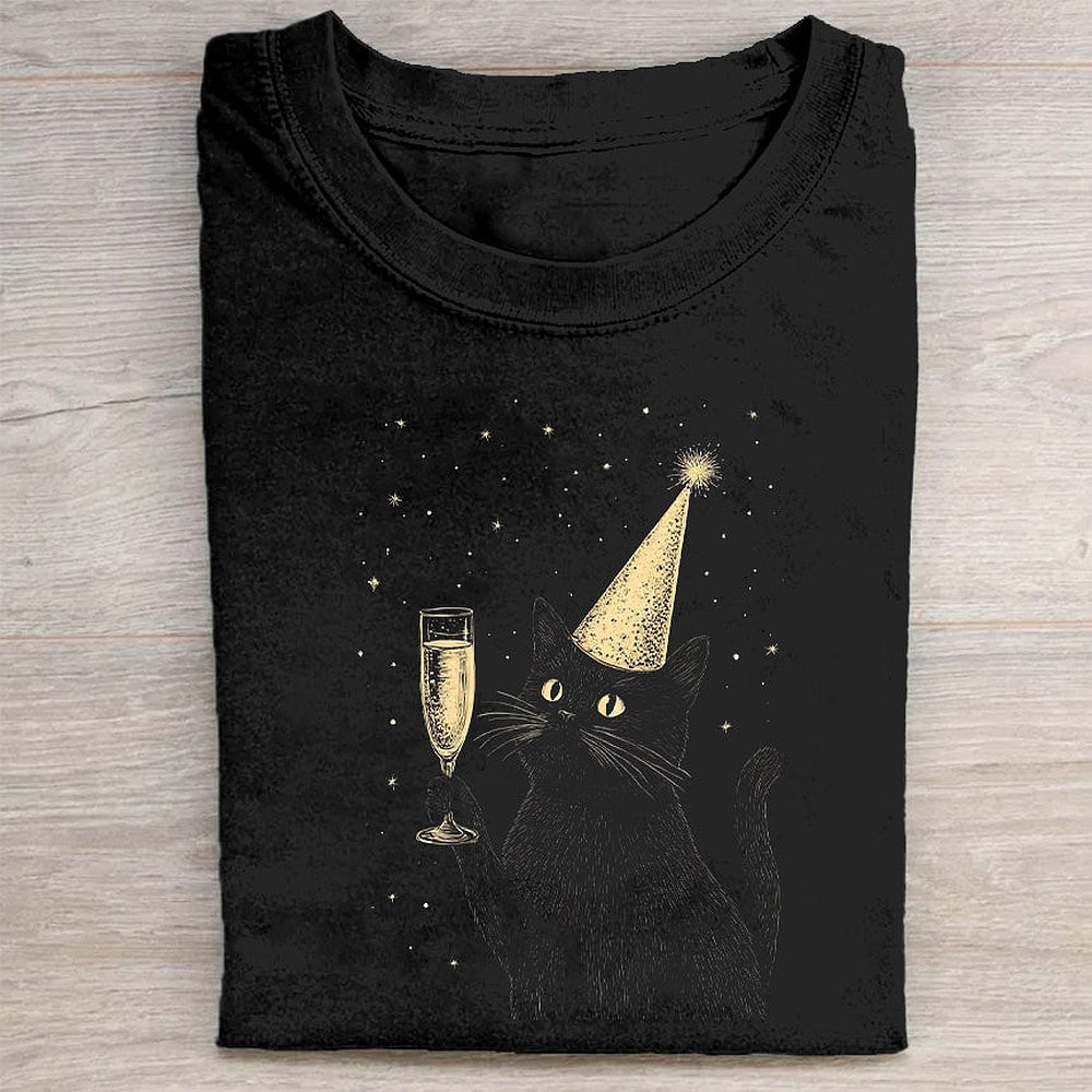 Black Cat With Party Hat And Champagne Glass Graphic T-Shirt Celebration Cat Tee