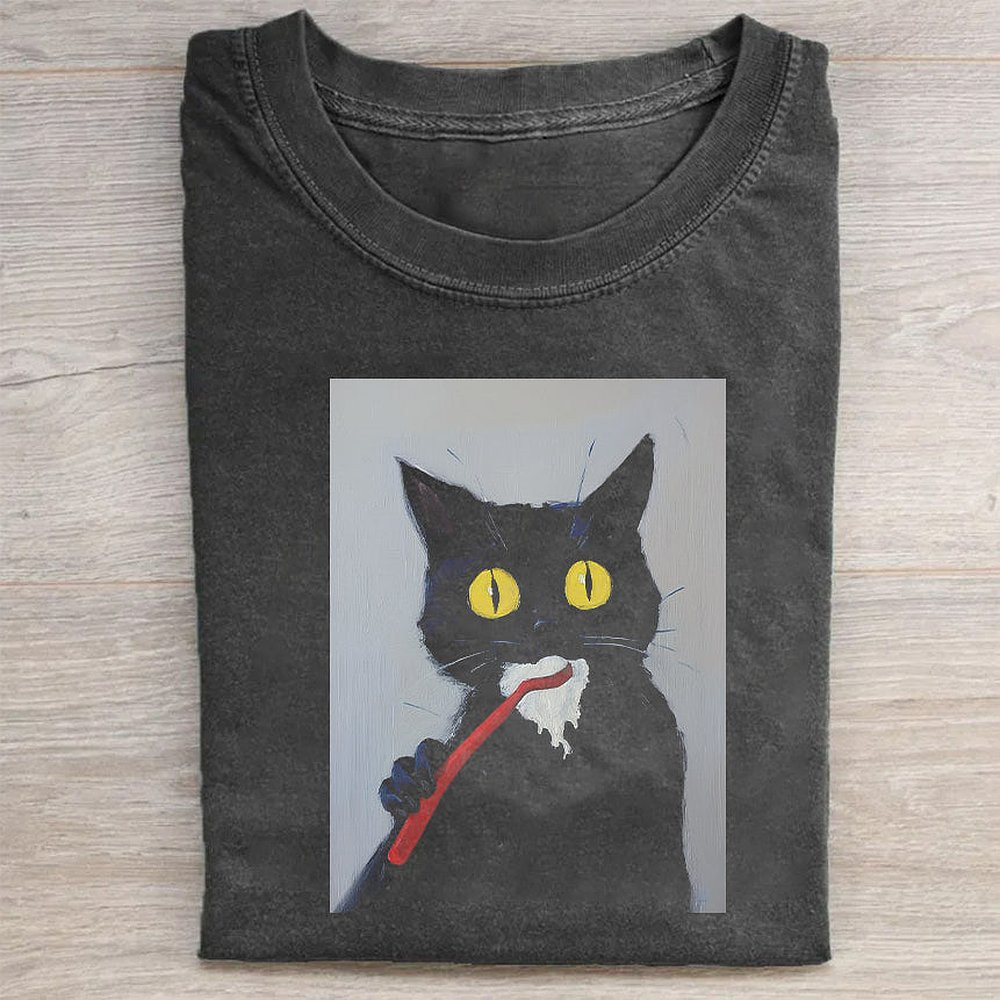 Black Cat With Toothbrush Graphic T-Shirt Quirky Cat Lover Tee