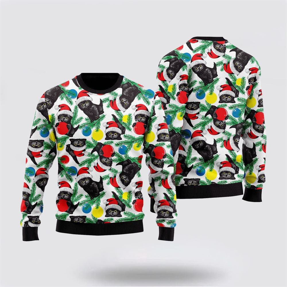 Black Cat With Xmas Balls Ugly Christmas Sweater Christmas Gift For Cat Love Christmas Present Ideas