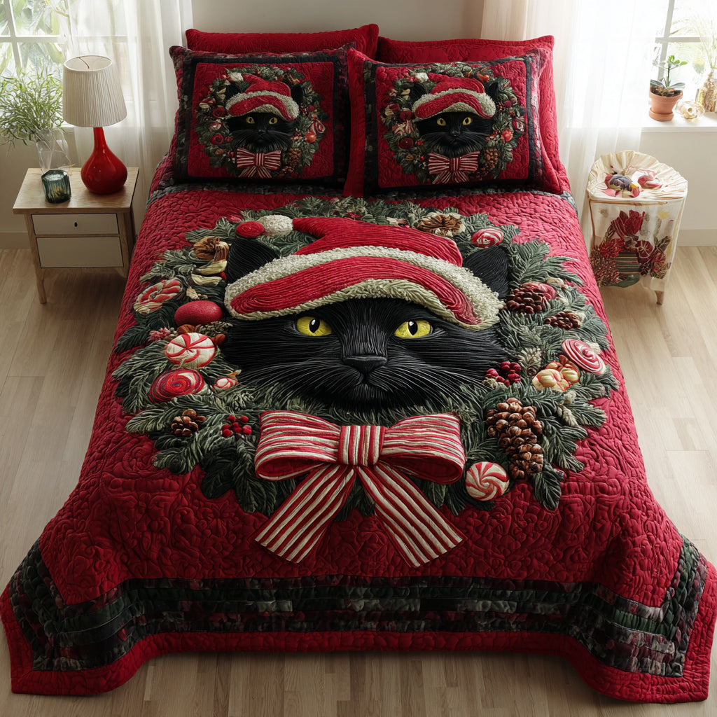 Black Cat Wreath Quilted Bedding Set Holiday Season Duvet Cover Set Black Cat Mom Gifts
