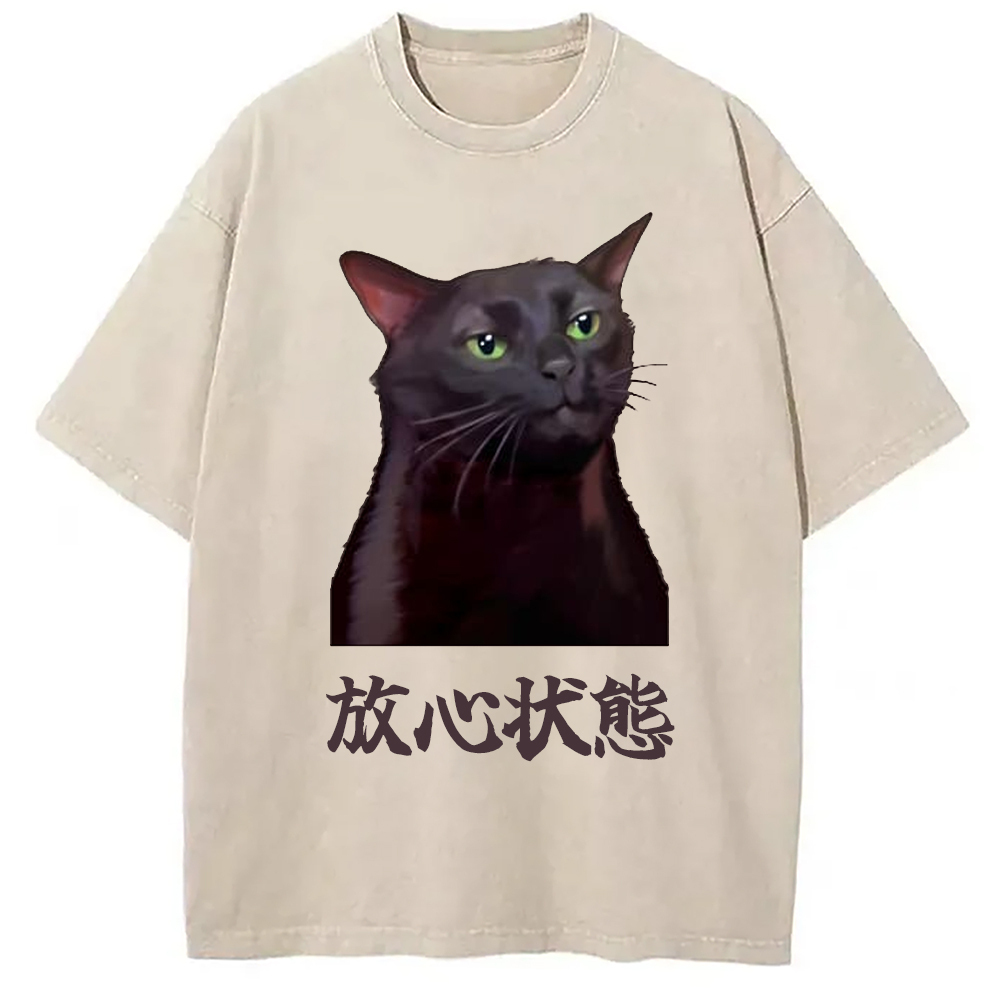 Black Cat Zoning Out Meme Washed T-Shirt Retro Streetwear Graphic Top Gifts For Her